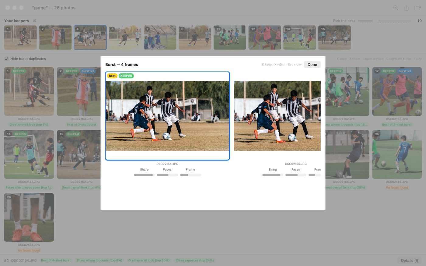 Compare view: two frames from one burst side by side, the left one marked best