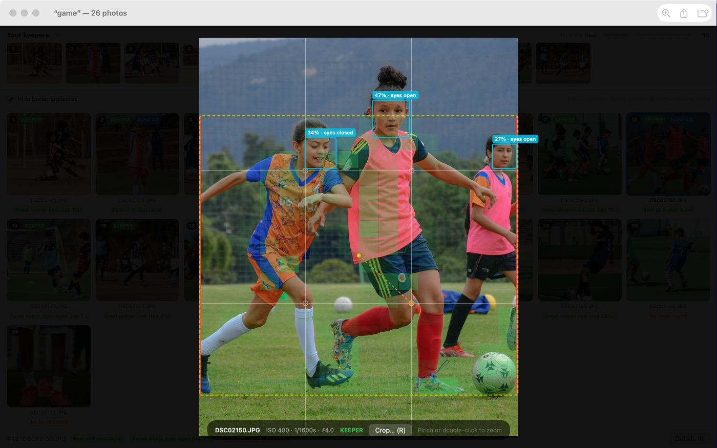 Keepers preview with Why overlays: face boxes with capture quality, a thirds grid, and sharpness tiles drawn on an action photo, with the Why panel beside it