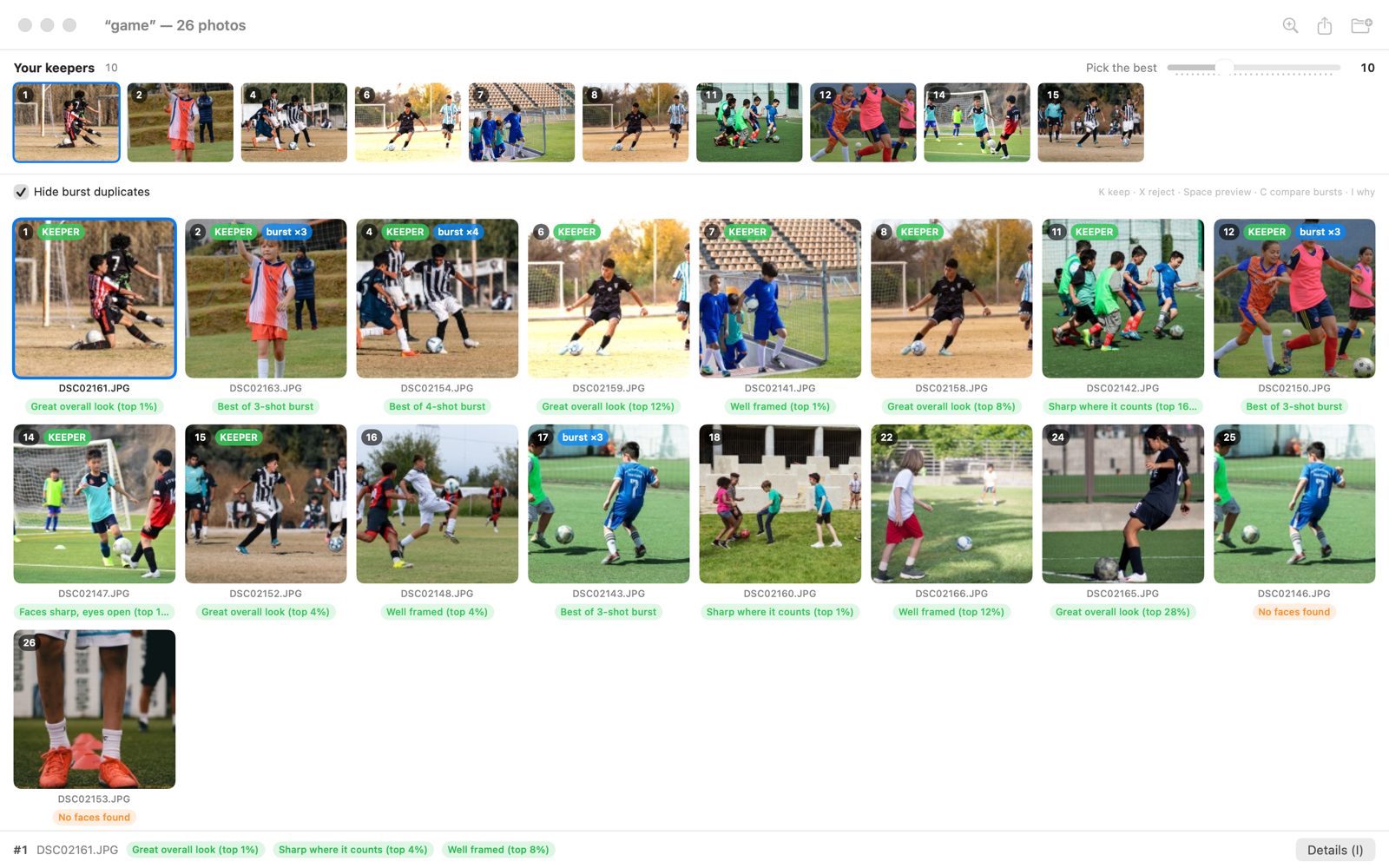 Keepers results window: a ranked grid of game photos with the ten keepers in a rail across the top