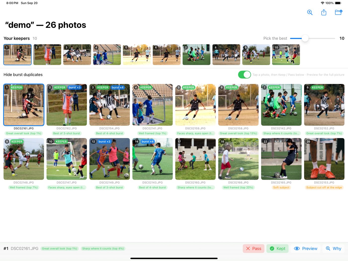 Keepers on iPad: the ranked grid with Keep and Pass buttons